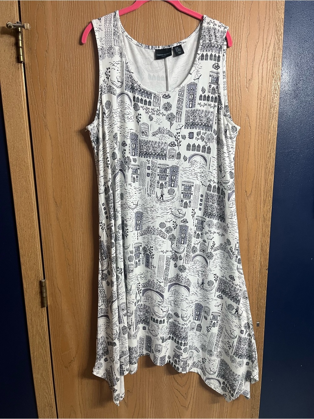 Cynthia Rowley Dress Womens 2X Plus Venice Cityscape Print Midi Hankerchief Hem
